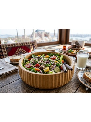 PremiumPort Büyük 22 cm Bambu Salata Kasesi, Şık ve Hafif Sunum Tabağı