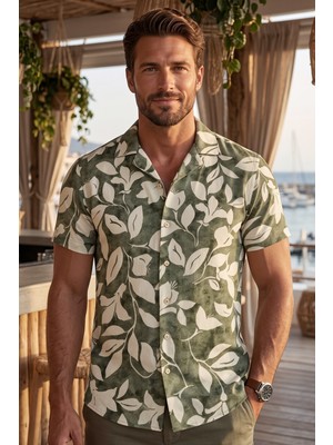 Exve Exclusive Su Yeşili Beyaz Çiçek Baskılı Doğal Nefes Alan Viskon Rahat Kısakol Yazlık Soft Hawaii Gömlek