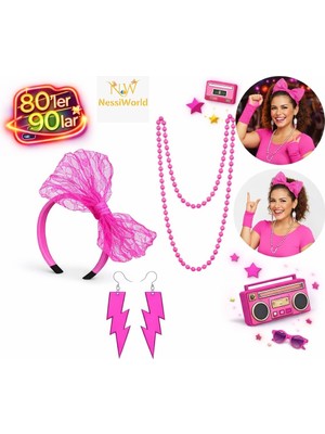 Freedom Storee 80’ler 90’lar Neon Pembe Parti Seti – Kolye Küpe Taç