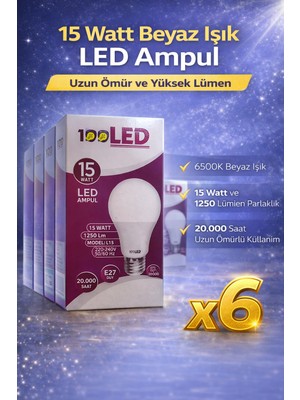 LED Ampul 15 Watt Beyaz Işık 6500K Yüksek Lümen E27 Duy Uzun Ömürlü 6 Adet