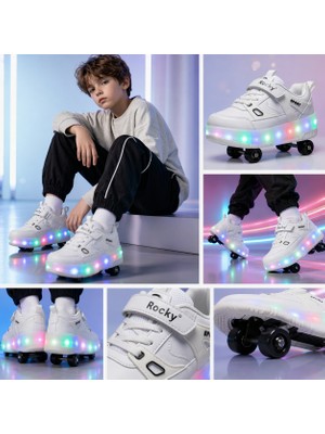 BURUNİ Işıklı Patenli Çocuk Ayakkabısı Beyaz- LED Tabanlı, Ortopedik, Tekerlekli Spor Ayakkabı, Çift Kullanım (Paten & Günlük)