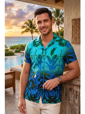 Exve Exclusive Turkuaz Mavi Yeşil Geçişli Etnik Doğal Nefes Alan Viskon Rahat Kısakol Yazlık Soft Hawaii Gömlek