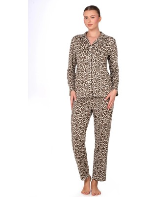 Kompedan Lizbon Kumaş Leopar Desenli Içi Şardonlu Önden Düğmeli Kadın Pijama Takımı