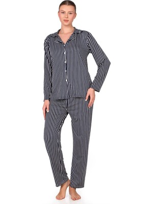 Kompedan Lizbon Kumaş Içi Şardonlu Çizgili Önden Düğmeli Kadın Pijama Takımı