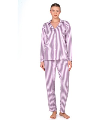 Kompedan Mor Çizgili Lizbon Kumaş Içi Şardonlu Önden Düğmeli Kadın Pijama Takımı