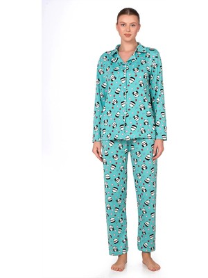 Kompedan Lizbon Kumaş Turkuaz Panda Desenli Önden Düğmeli Kadın Pijama Takımı