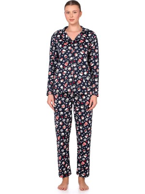 Kompedan Lizbon Kumaş Içi Şardonlu Lacivert Kış Desenli Önden Düğmeli Kadın Pijama Takımı
