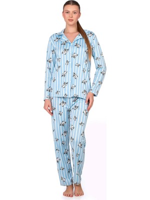 Kompedan Lizbon Kumaş Içi Şardonlu Panda Desenli Önden Düğmeli Kadın Pijama Takımı