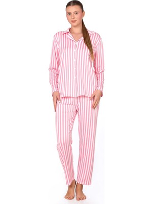 Kompedan Pembe Çizgili Lizbon Kumaş Içi Şardonlu Önden Düğmeli Kadın Pijama Takımı