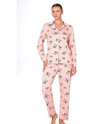 Kompedan Lizbon Kumaş Içi Şardonlu Somon Panda Desenli Çizgili Önden Düğmeli Kadın Pijama Takımı