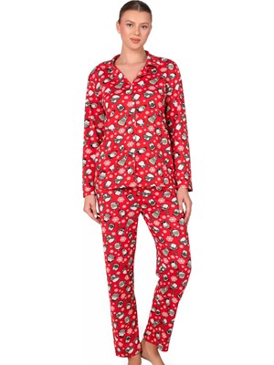 Kompedan Lizbon Kumaş Içi Şardonlu Kırmızı Kış Desenli Önden Düğmeli Kadın Pijama Takımı