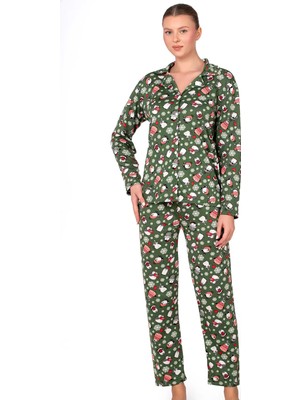 Kompedan Lizbon Kumaş Içi Şardonlu Yeşil Kış Desenli Önden Düğmeli Kadın Pijama Takımı