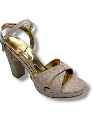Erbay 308-26 Simli Saten Çapraz Bant Kalın Topuk Kadın SANDALET(11CM)