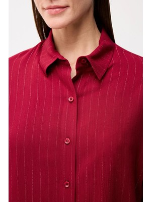 Love My Body Çizgili Kısa Kollu Gömlek Bordo 130L8481002