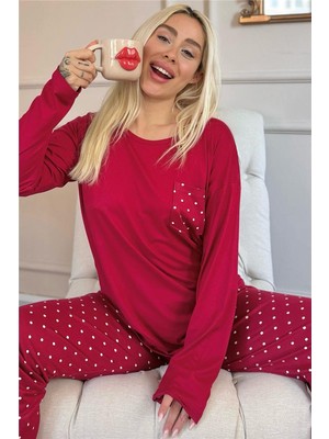 Pijama Evi Bordo Mini Puan Desenli Bambu Uzun Kol Kadın Pijama Takımı