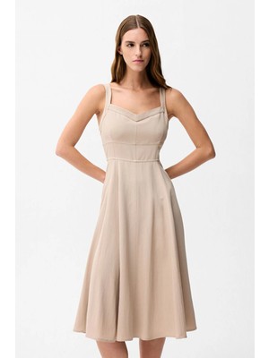 adL V Yaka Kloş Elbise Bej 12442577003