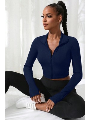 Pileli Store Kadın Lacivert Uzun Kol Fermuarlı Parmak Geçme Detaylı Dik Yaka Crop Top Bluz