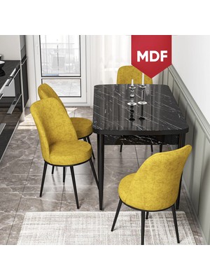 Canisa Concept Kor Serisi, 70X114 Açılabilir MDF Mutfak Masa Takımı, Siyah Mermer Masa ve 4 Sandalye