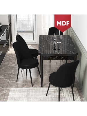 Canisa Concept Kor Serisi, 70X114 Açılabilir MDF Mutfak Masa Takımı, Siyah Mermer Masa ve 4 Sandalye