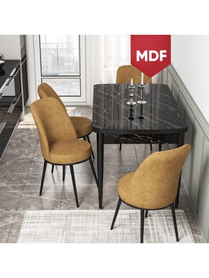 Canisa Concept Kor Serisi, Siyah Mermer Desen 70X114 Açılabilir MDF Mutfak Masa Takımı, 4 Sandalye