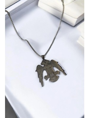 Luna Jewelry Erkek Gümüş Renk Çift Başlı Kartal 316L Çelik Kolye