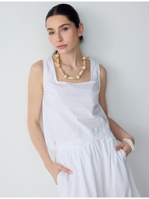 Jimmy Key Beyaz %100 Pamuk Askılı Kare Yaka Nakışlı Dokuma Bluz