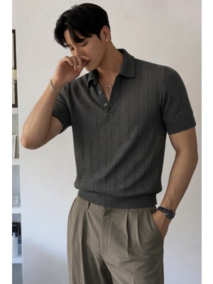 Tarz Cool Erkek Triko Polo Yaka Tişört Slim Ince Dokulu Şık Basic Triko T-Shirt