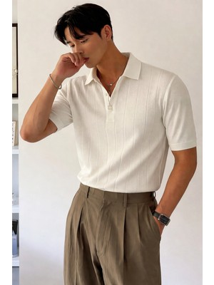 Tarz Cool Erkek Triko Polo Yaka Tişört Slim Ince Dokulu Şık Basic Triko T-Shirt