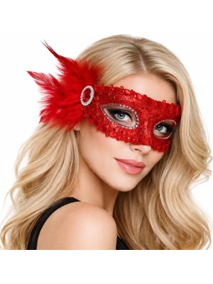 Eco Lounge Kırmızı Taşlı Venedik Parti Maskesi – Tüylü Payetli