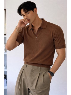 Tarz Cool Erkek Triko Polo Yaka Tişört Slim Ince Dokulu Şık Basic Triko T-Shirt