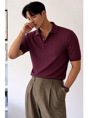 Tarz Cool Erkek Triko Polo Yaka Tişört Slim Ince Dokulu Şık Basic Triko T-Shirt
