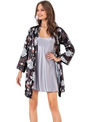 Gonca Concept Kadın Saten Gecelikli-Sabahlık Takım