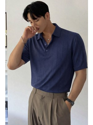 Tarz Cool Erkek Triko Polo Yaka Tişört Slim Ince Dokulu Şık Basic Triko T-Shirt