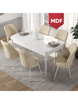 Canisa Concept Kor  Serisi, Beyaz 70X114 Açılabilir MDF Mutfak Masa Takımı, 6 Sandalye