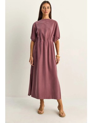 Shade Kadın Beli Lastikli Büzgülü Balon Kol Yırtmaç Detaylı Modal Elbise