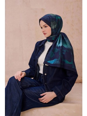 Belli Fresh Çiçek Desen Gece Mavisi Vintage Şal 1