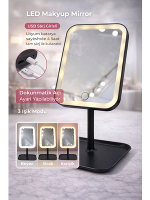 Leylart Şarjlı LED Makyaj Aynası Dokunmatik Ayarlı 3 Renk Işıklı Masa Aynası Siyah