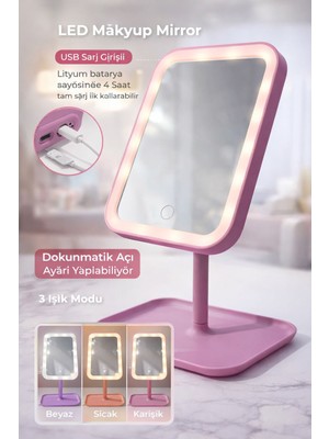 Leylart Şarjlı LED Makyaj Aynası Dokunmatik Ayarlı 3 Renk Işıklı Masa Aynası Mor