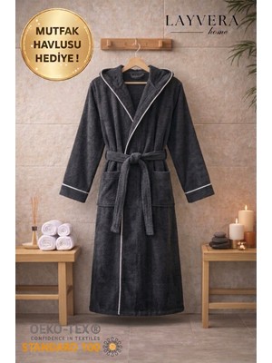 Layvera Erkek-Kadın Antrasit Bornoz | %100 Pamuk-Kapüşonlu-Biyeli-Cepli-Siyah