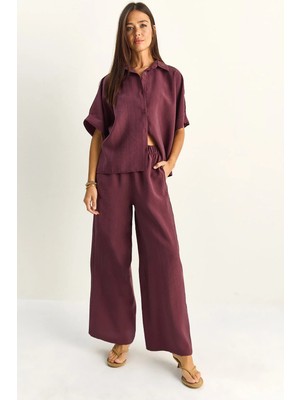 Shade Kadın Oversize Kısa Kol Gömlek Beli Lastikli Geniş Paça Pantolon Takım