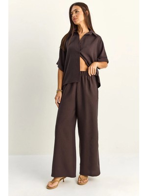 Shade Kadın Oversize Kısa Kol Gömlek Beli Lastikli Geniş Paça Pantolon Takım
