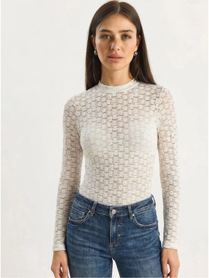 Shade Kadın Uzun Kollu Yarım Balıkçı Yaka Transparan Tül Dantel Bodysuit