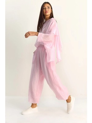 Shade Kadın Pelerin Detaylı Transparan Bluz Astarlı Şalvar Pantolon Alt-Üst Takım