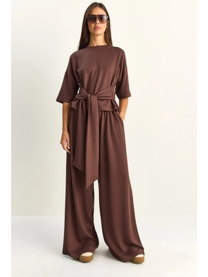 Shade Kadın Belden Bağlamalı Basic T-Shirt Bol Paça Pantolon Alt-Üst Modal Takım