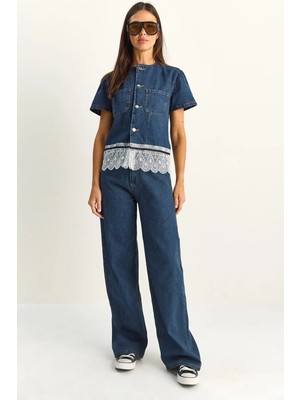 Shade Kadın Dantel Detaylı Kısa Kollu Ceket Wide Leg Denim Pantolon Takım