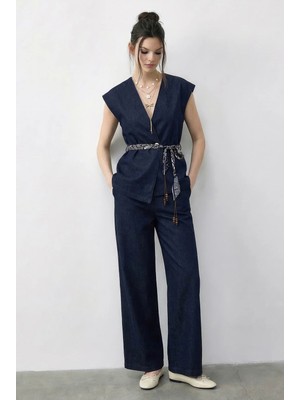 Shade Kadın Kruvaze Yaka Saten Kuşaklı Yelek Bol Pantolon Alt-Üst Denim Takım