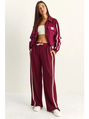 Shade Kadın Şerit Detaylı Kontrast Dokulu Ceket Wide Leg Pantolon Takım
