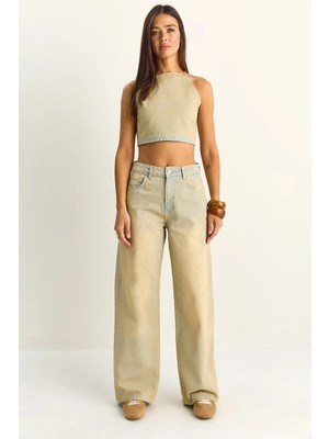 Shade Kadın Boyundan Bağlamalı Crop Top Wide Leg Pantolon Denim Alt-Üst Takım
