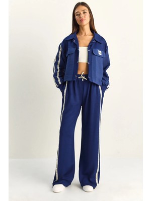 Shade Kadın Şerit Detaylı Kontrast Dokulu Ceket Wide Leg Pantolon Takım