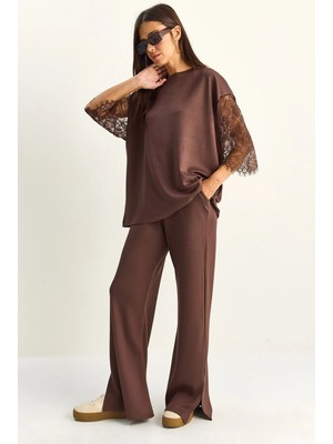 Shade Kadın Kolları Dantelli Oversize Basic T-Shirt Beli Lastikli Bol Pantolon Modal Takım